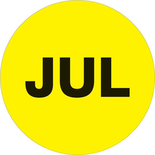 High-visibility fluorescent yellow circle labels for rapid inventory dating and rotation control. Pre-printed 