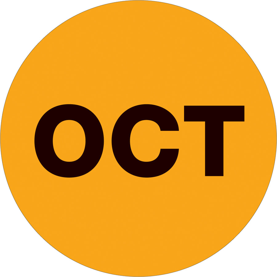 High-visibility fluorescent orange circle labels for rapid inventory dating and rotation. 2" diameter pre-printed "OCT" months labels on durable high-gloss paper stock. Pressure-sensitive adhesive for instant application to boxes, pallets, and containers–roll of 500 units ready to ship.