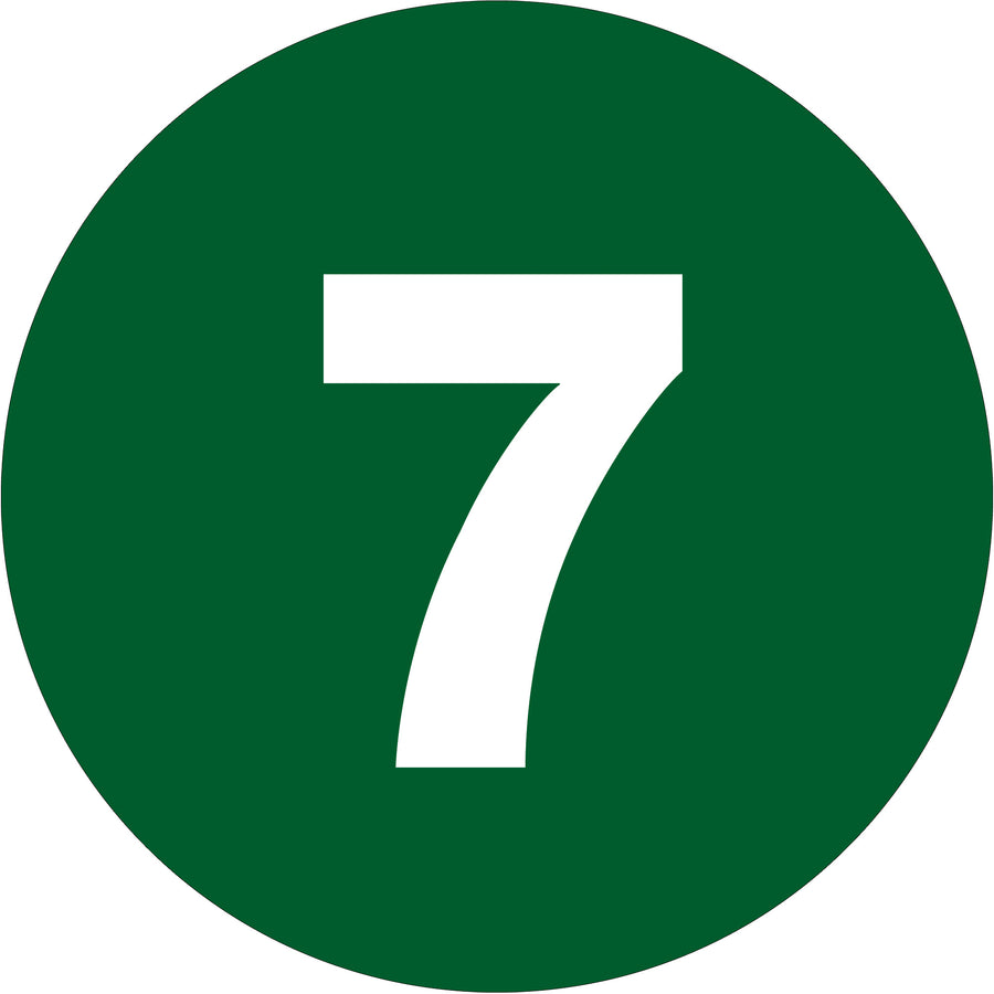 Quickly identify and track inventory with 1" diameter dark green circle number labels printed on high-gloss paper. Each roll contains 500 pre-printed labels designed for warehouse, shipping, and logistics environments. Compatible with tabletop and wall-mount dispensers for efficient facility organization.