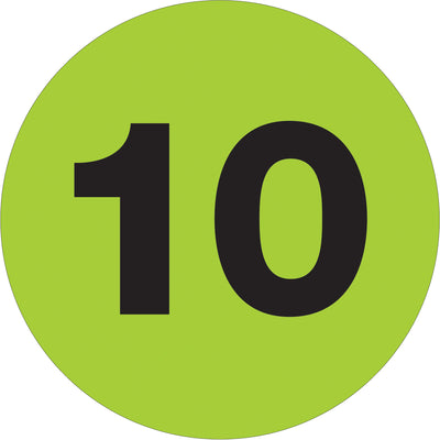 Bright fluorescent green 1" circle number labels printed on high-gloss paper for superior visibility and durability in warehouses and distribution centers. Roll of 500 labels provides reliable inventory identification with ANSI compliance. Compatible with tabletop and wall-mount dispensers for efficient labeling workflows.