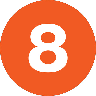 Bright orange 1" diameter circle number labels printed on high gloss paper for maximum visibility and durability in warehouse and logistics environments. Each roll contains 500 pre-printed labels ready for immediate application. Compatible with table top dispensers (SL9506, SL9512, SL9518) and wall mount systems (LDM300, LDM450, LDM850, LDM1250).