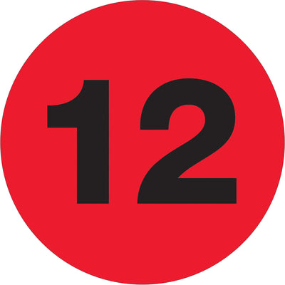 Bright fluorescent red circle number labels designed for maximum visibility in busy warehouse and logistics environments. High-gloss paper construction ensures durability and readability across all lighting conditions. Sold as 500-label rolls for cost-effective inventory identification.