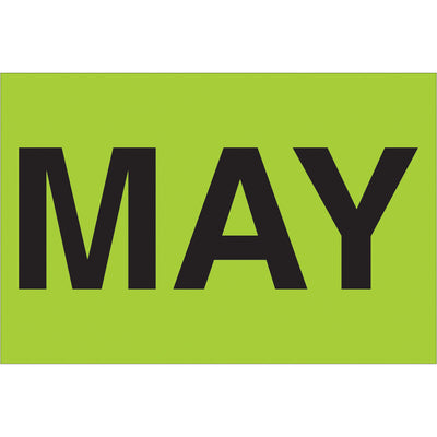 Organize and date inventory with precision using these 2" x 3" fluorescent green "MAY" month labels. Pre-printed on high gloss pressure sensitive paper in rolls of 500, these bright labels ensure maximum visibility in warehouses and shipping operations. Compatible with standard tabletop and wall-mount label dispensers for efficient workflow integration.