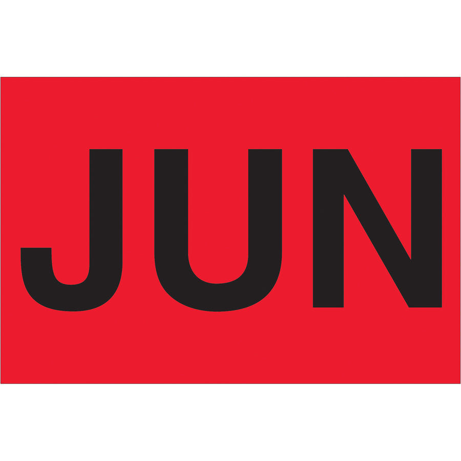 Streamline inventory rotation with these vibrant 2x3" fluorescent red "JUN" month labels on a convenient 500-label roll. Pre-printed on durable high gloss paper with pressure-sensitive adhesive for instant application to boxes, containers, and storage areas. Perfect for shipping coordinators and logistics teams managing time-sensitive stock.