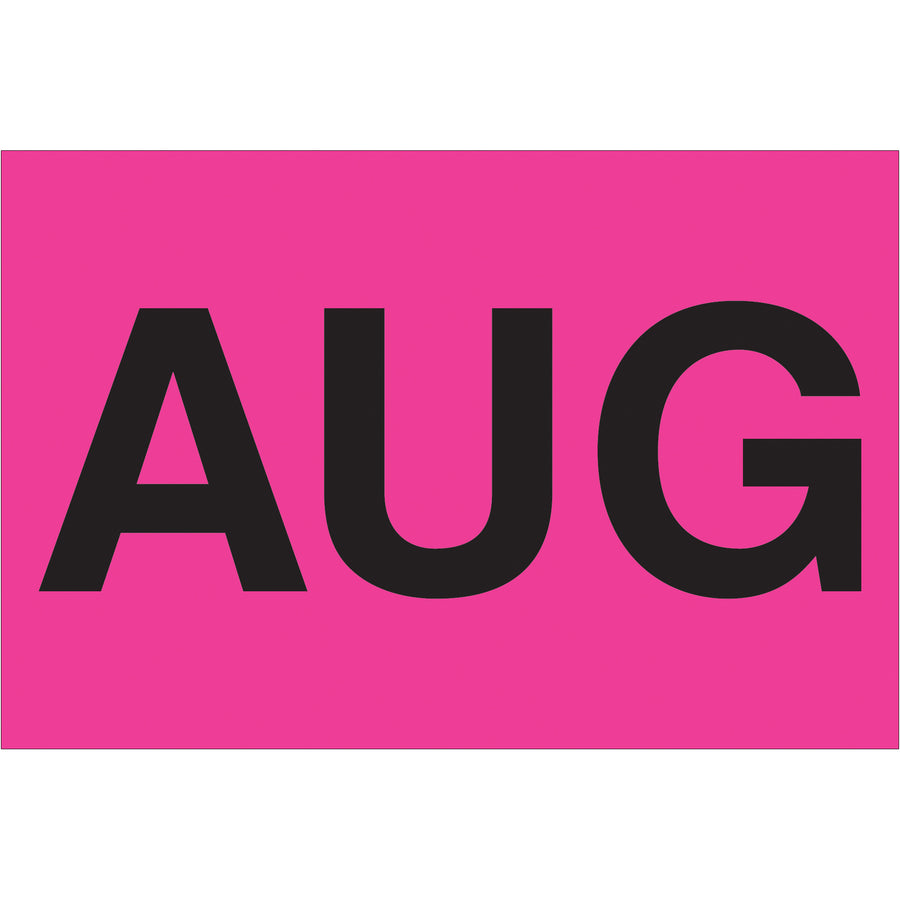 Organize your warehouse inventory with high-visibility fluorescent pink month labels. These 2" x 3" pressure-sensitive August labels print on professional high-gloss paper for maximum durability and legibility. Sold as a roll of 500 labels with compatible tabletop and wall-mount dispensers available.