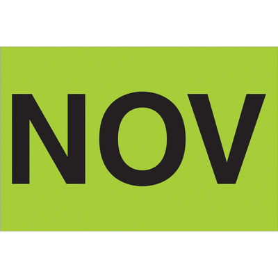 Bright fluorescent green "NOV" pressure-sensitive labels designed for logistics professionals who need high-visibility inventory dating. Pre-printed 2" x 3" rectangle format on high gloss paper ensures clear visibility and secure adhesion through the supply chain. Roll of 500 labels with compatible dispensers available.