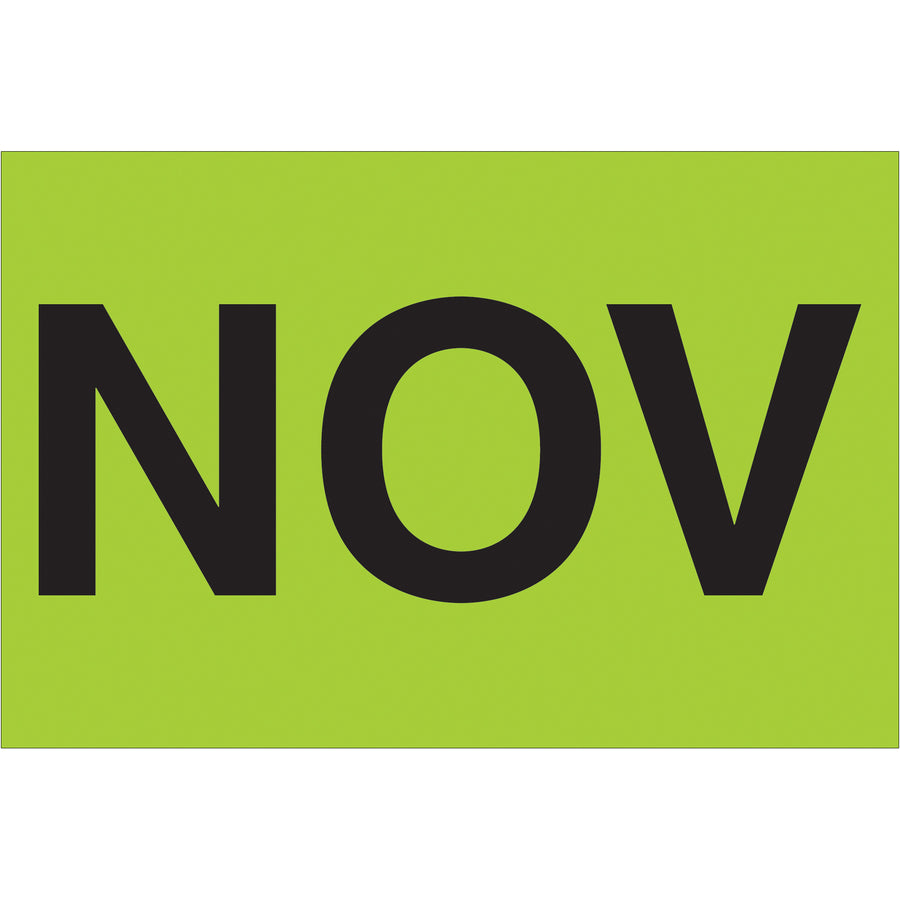 Bright fluorescent green "NOV" pressure-sensitive labels designed for logistics professionals who need high-visibility inventory dating. Pre-printed 2" x 3" rectangle format on high gloss paper ensures clear visibility and secure adhesion through the supply chain. Roll of 500 labels with compatible dispensers available.