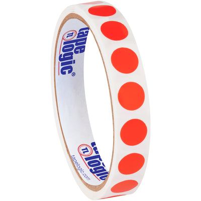 High-visibility 1/2" diameter fluorescent red circle inventory labels designed for rapid facility identification and organization. Paper material accepts pen or marker writing. Sold as convenient 500-label roll with compatible tabletop and wall-mount dispensers available.
