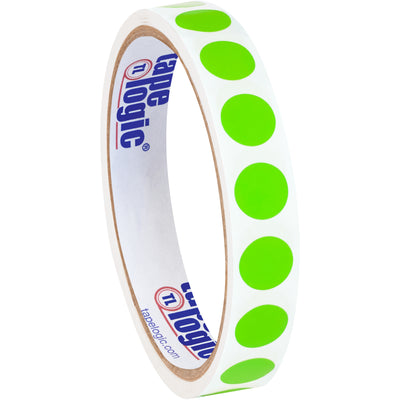 Maximize warehouse visibility with Packrift's 1/2" fluorescent green circle inventory labels. Paper material accepts pen and marker marking for instant SKU identification across your facility. Sold in convenient 500-label rolls with compatible tabletop and wall-mount dispenser options.
