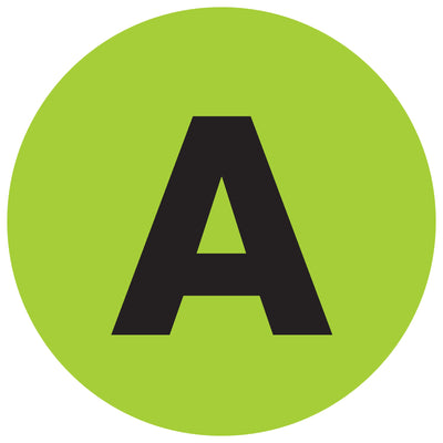 Maximize facility visibility with these 2" fluorescent green circle letter labels printed on high-gloss paper. Each roll contains 500 pre-printed labels designed for quick inventory identification. Compatible with tabletop and wall-mount dispensers for seamless warehouse operations.