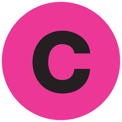 High-visibility 2" diameter circle letter labels in fluorescent pink printed on premium high-gloss paper. This 500-label roll delivers instant facility identification and warehouse organization. Compatible with multiple dispenser options for seamless workflow integration.