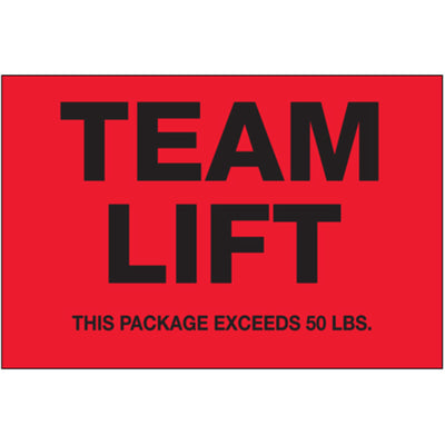 High-visibility fluorescent red safety labels designed for team lift and handling instructions. These durable 2" x 3" polyester labels feature moisture-resistant, thermally stable construction with strong acrylic adhesive that resists oozing on any surface. Roll of 500 labels per order.