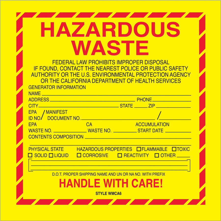 Achieve DOT compliance and cargo visibility with these 6x6" hazardous waste labels designed specifically for California requirements. Constructed from durable vinyl with a writable surface, this 500-label roll gives your shipping and logistics team the regulatory documentation needed for safe hazardous material transport.