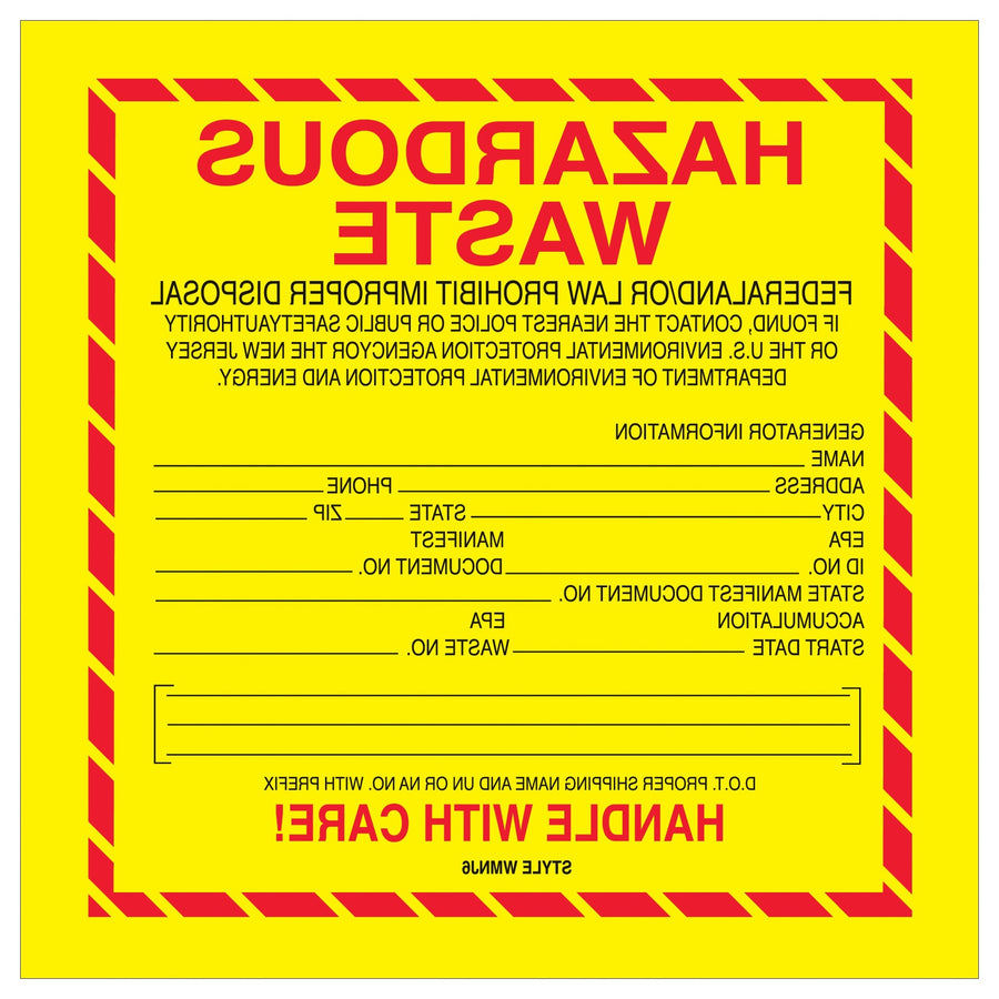6x6 Vinyl Hazardous Waste Labels New Jersey DOT 500/Roll DL7520 - alias listing