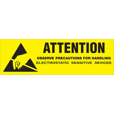 ISO-recognized anti-static precaution labels designed for shipping coordinators managing compliance-critical packages. High-visibility black/yellow format, 5/8" x 2" semi-gloss coated paper, 500 labels per roll. Compatible with tabletop and wall-mount dispensers for efficient warehouse workflows.