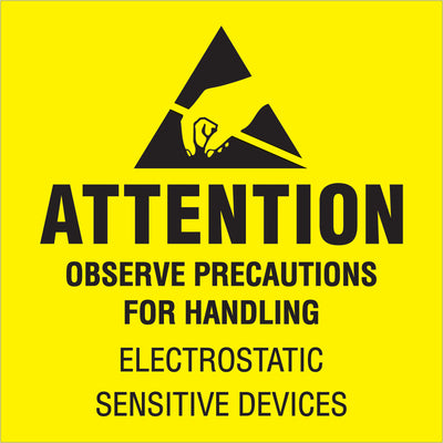 ISO-compliant 4x4" black and yellow "Attention - Observe Precautions" labels on semi-gloss coated paper. Sold in rolls of 500 for maximum efficiency. Acknowledged in multiple countries–the international standard for static-sensitive shipment identification that shipping coordinators trust.