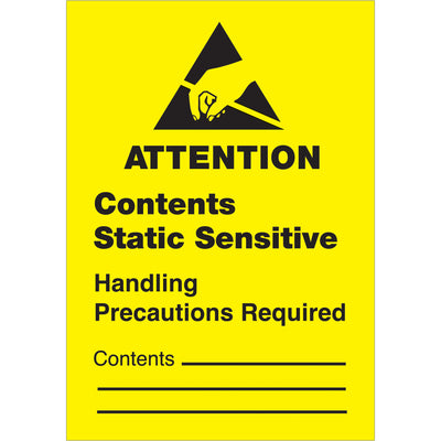 ISO-compliant 1 3/4" x 2 1/2" anti-static labels for ESD-sensitive component shipments. Bold black/yellow design ensures immediate visibility on cartons and packages. Semi-gloss coated paper provides durability through international transit; sold as 500-label rolls with compatible tabletop and wall-mount dispensers in stock.