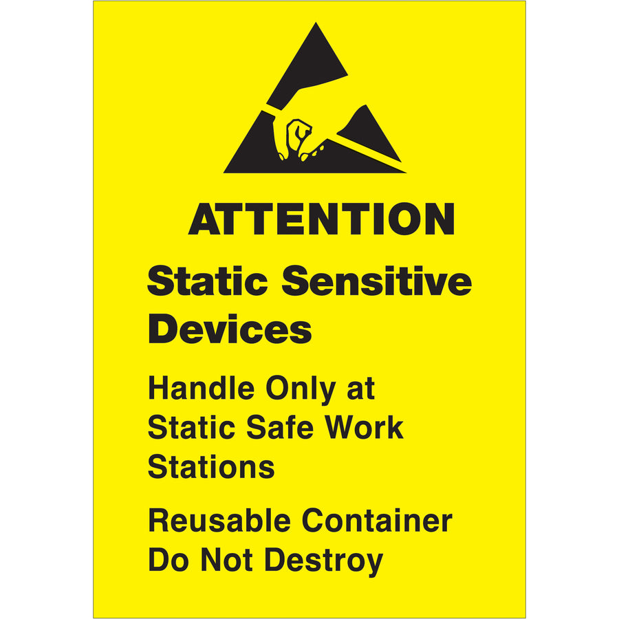 These 1.75" x 2.5" Static Sensitive Devices labels meet international ESD standards and are recognized globally for safe electronics handling. Printed on durable semi-gloss coated paper with bold black/yellow contrast for maximum visibility. Order by the 500-label roll with compatible tabletop or wall-mount dispensers available.