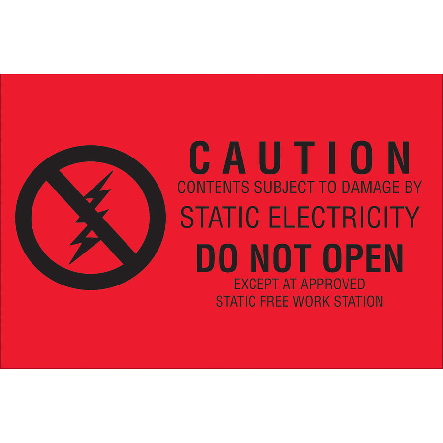 Protect sensitive electronics with internationally recognized 2x3" Static Damage warning labels. Semi-gloss coated paper resists moisture and handling wear. Roll of 500 labels ships fast–dispenser options available for seamless workplace integration.