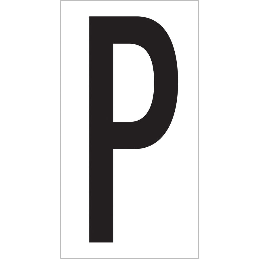Industrial-grade vinyl warehouse letter labels designed for permanent rack identification and location marking. Each 3.5" letter features permanent adhesive backing on 4" x 2.125" label stock, sold as a case of 50. Black letters on white background for maximum visibility in high-traffic warehouse environments.