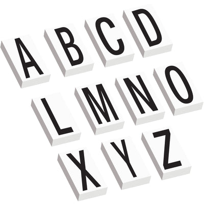 Professional-grade 3.5" vinyl warehouse letter labels with permanent adhesive backing for clear, durable rack and location identification. Complete kit includes 50 each of letters A-Z (1,300 total labels) in high-contrast black and white. Essential warehouse supplies for logistics coordinators managing organized inventory systems.