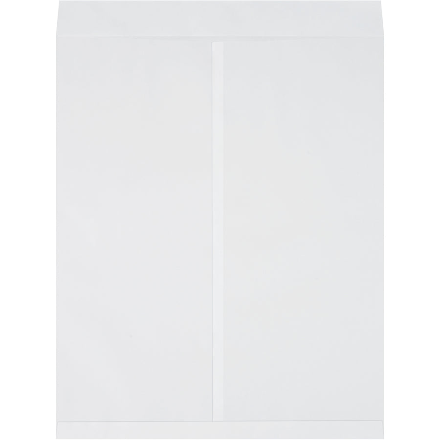 Heavy-duty 27x22 white jumbo envelopes made from 28 lb. paper stock for secure flat storage of oversized items. Ungummed flaps allow multiple reuse cycles, reducing per-unit packaging costs. Shipped in convenient cases of 100 for mailroom efficiency.
