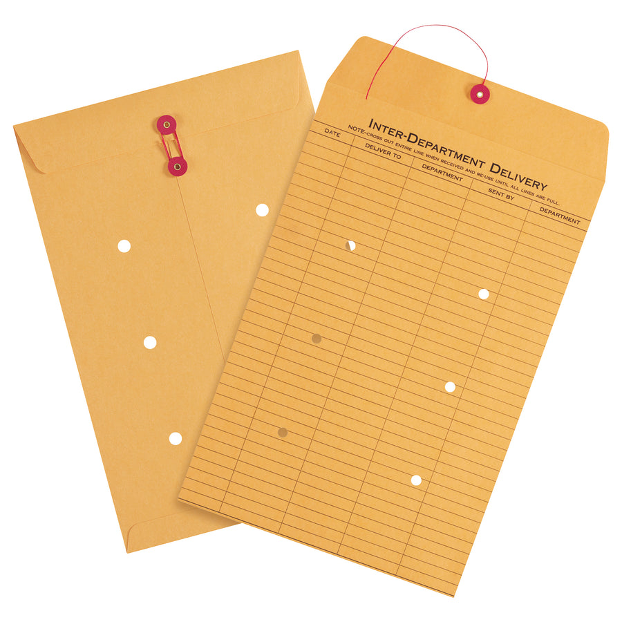 Keep internal communications organized and secure with these 15x10" kraft inter-department envelopes. Featuring a reusable string-tie closure and pre-printed routing columns for Date, Deliver To, Department, Sent By, and Department–plus space for 31 entries. Sold by the case of 100 for maximum cost efficiency.