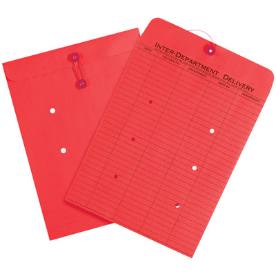Keep internal mail organized and routed efficiently with these red 10x13" inter-department envelopes. Pre-printed with 5 tracking columns (Date, Deliver To, Department, Sent By, Department) and durable string-tie closure for repeated use. Case of 100 envelopes.