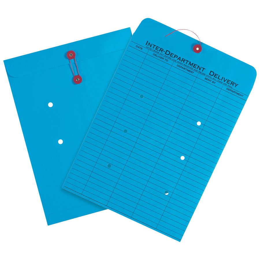 Keep internal mail organized and routed efficiently with these 13" x 10" blue inter-department envelopes. String and button closure allows repeated use, while pre-printed columns for Date, Deliver To, Department, Sent By, and Department track up to 31 entries per envelope. Buy by the case of 100.