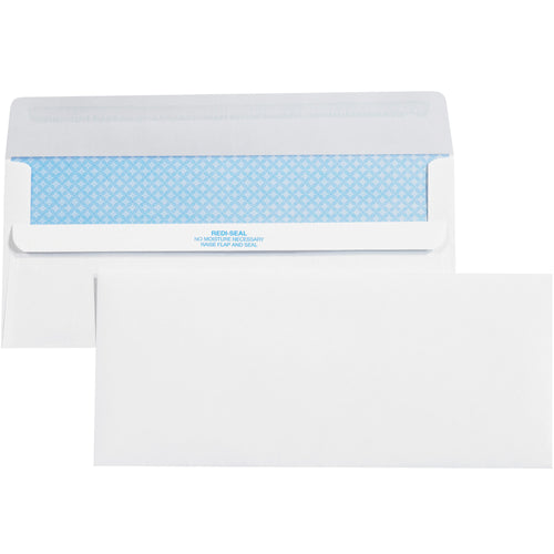 Streamline your mailroom with these economical #10 Redi-Seal business envelopes featuring integrated security tint for content privacy. No moisture needed‚just fold and press for instant closure on every envelope. 2500-count case of durable 24 lb. woven paper with bright white finish.