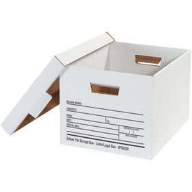 Industrial-grade 15x12x10 file storage boxes designed for document-heavy operations. ECT-32 corrugated construction with interlocking lid tabs, removable top, and pre-printed content panels–all without requiring tape or glue. Ships case of 12 units ready to assemble.