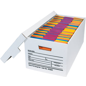 Durable 24x12x10 white corrugated file boxes designed for letter-size file storage with interlocking lid tabs and convenient hand holes. Fast no-tape assembly with pre-printed content identification panels. Sold as case of 12 units.