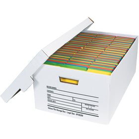 ECT-32 white corrugated file storage boxes sized for legal documents. Features interlocking lid tabs, removable cover, and pre-printed content panels for quick identification. Ships as a case of 12 boxes–no tape or glue assembly required.