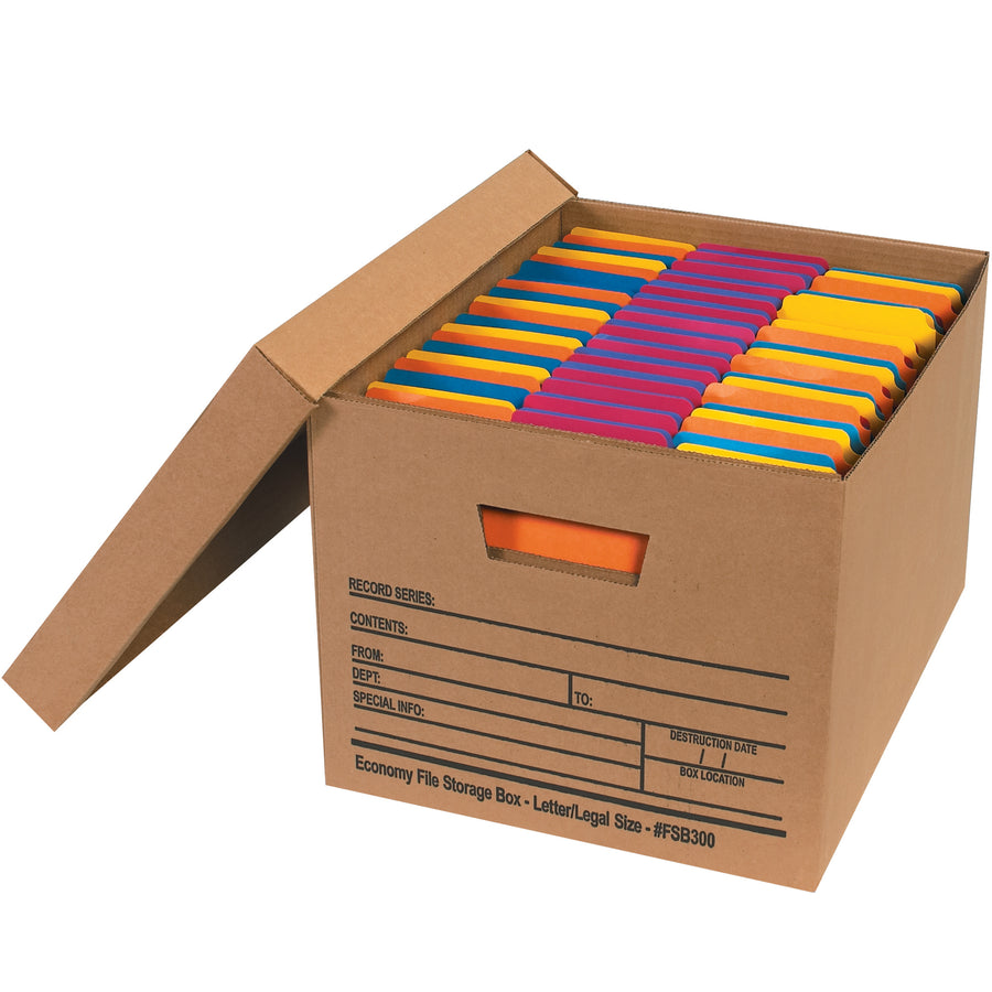 Store your document files efficiently with these 15x12x10 economy corrugated file storage boxes. Pre-printed on two sides for quick content identification, these kraft boxes fold together instantly without tape or glue. Each case includes 12 boxes–ideal for businesses managing large volumes of filing supplies.