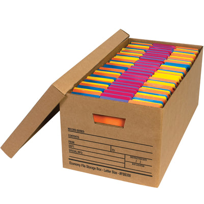 Save time and money with our 24x12x10 kraft corrugated file storage boxes–no tape or glue required. Each case includes 12 pre-printed boxes designed to hold letter-size files with convenient identification panels on two sides. Folds flat for easy storage and shipping.