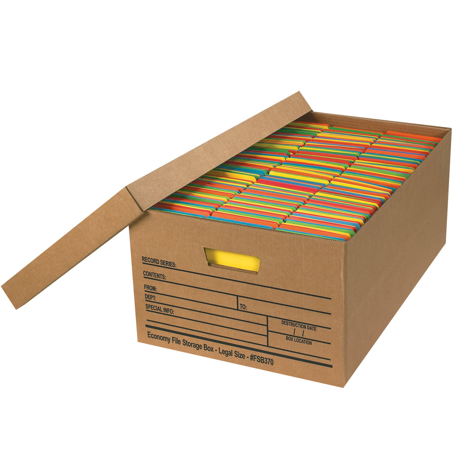 Economical kraft corrugated file storage boxes in 24x15x10 dimensions with removable lids and pre-printed write-on panels for quick content identification. Ships flat in cases of 12 for maximum space efficiency. Holds legal-size files and folders neatly without damage.