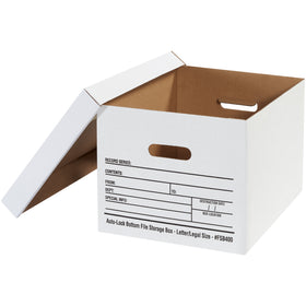 Professional-grade 15x12x10 auto-lock file storage boxes designed for document organization and compliance. Each case of 12 ships flat for space efficiency while storing and accommodates both letter and legal-sized files. ECT-32 single-wall corrugated construction ensures durability through multiple handling cycles.