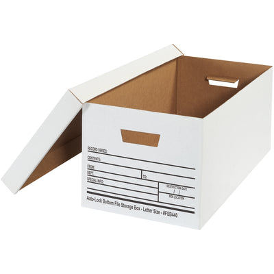 Durable ECT-32 white corrugated file storage boxes with automatic bottom snap assembly–no tape required. Each case of 12 includes removable lids and pre-printed write-on panels for quick identification. Ships and stores flat to maximize warehouse efficiency.