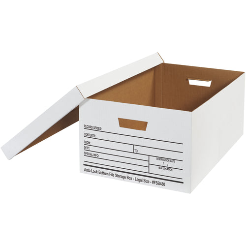 Keep legal-sized documents organized and protected with these 24x15x10 white corrugated file storage boxes. Featuring auto-locking bottoms and removable lids for quick access, plus pre-printed write-on panels for easy content identification. Order by the case of 12 and ship flat to maximize storage efficiency.