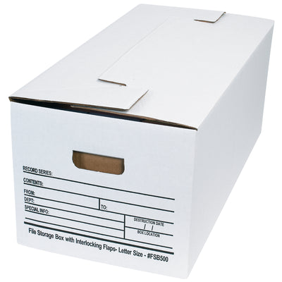Heavy-duty 24x12x10 interlocking flap file storage boxes made from ECT-32 single-wall corrugated material. No tape or glue required–unfold and assemble in seconds. Double-layered bottom and built-in overlapping flaps deliver superior dust protection for letter-size document storage. Sold by the case of 12 units.