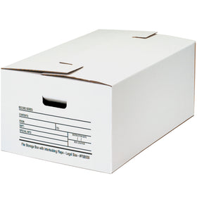 No-tape assembly file storage boxes built for legal-size document protection. These 24x15x10 corrugated cartons feature interlocking flaps, double-layered bottoms for durability, and fold flat for easy setup. Sold by the case of 12 with write-on labeling areas for instant organization.
