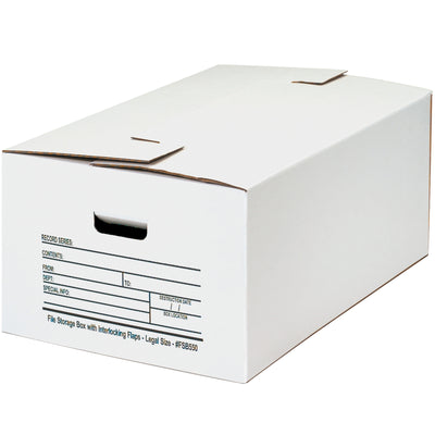 No-tape assembly file storage boxes built for legal-size document protection. These 24x15x10 corrugated cartons feature interlocking flaps, double-layered bottoms for durability, and fold flat for easy setup. Sold by the case of 12 with write-on labeling areas for instant organization.