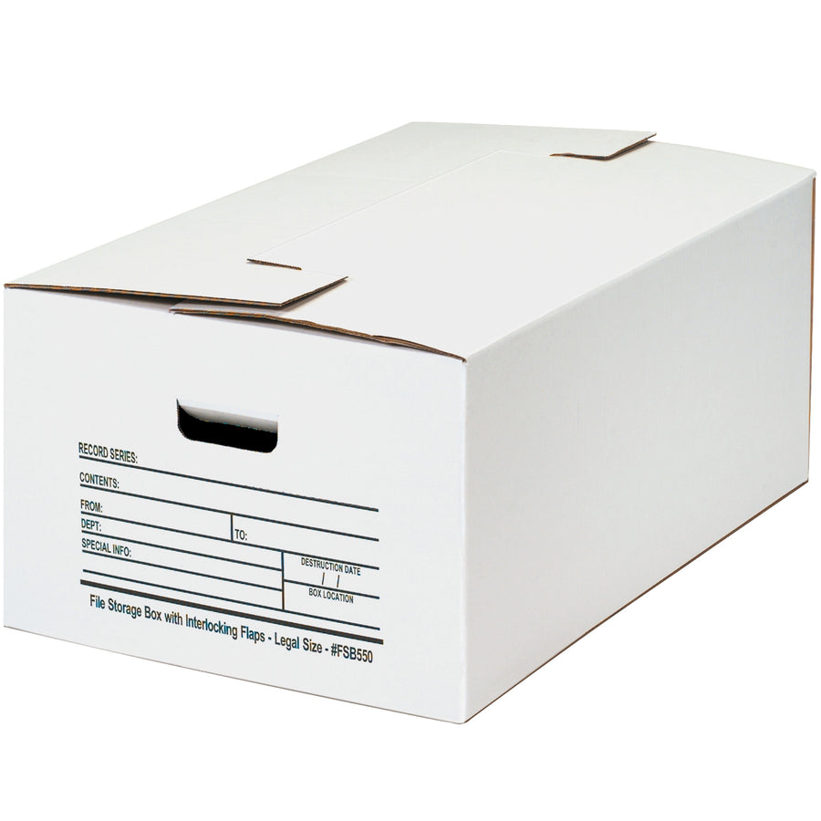 No-tape assembly file storage boxes built for legal-size document protection. These 24x15x10 corrugated cartons feature interlocking flaps, double-layered bottoms for durability, and fold flat for easy setup. Sold by the case of 12 with write-on labeling areas for instant organization.