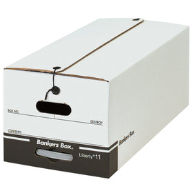 Store letter and legal-size files securely with BANKERS BOX¬Æ string and button file storage boxes. These 24x12x10.25" corrugated file cartons feature pre-printed content identification areas and write-on labeling zones on two sides for quick organization. Durable 250# single wall construction with reliable string and button closure keeps documents protected‚even when boxes are stacked or shipped.