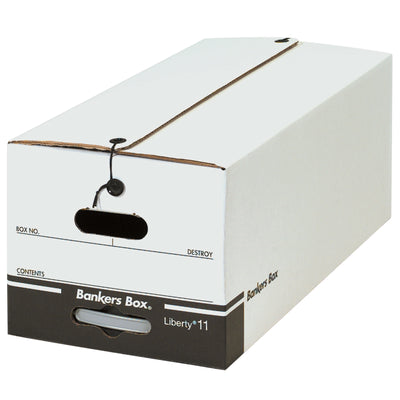 Store letter and legal-size files securely with BANKERS BOX® string and button file storage boxes. These 24x12x10.25" corrugated file cartons feature pre-printed content identification areas and write-on labeling zones on two sides for quick organization. Durable 250# single wall construction with reliable string and button closure keeps documents protected–even when boxes are stacked or shipped.