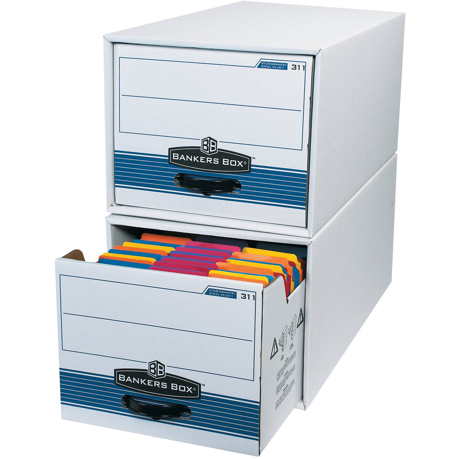 Transform your filing system with STOR/DRAWER® STEEL PLUS™ file storage drawers featuring a reinforced steel support frame that stacks up to 5 high. These 24" x 12" x 10" letter-size corrugated boxes eliminate the need for expensive filing cabinets while maximizing vertical storage. Sold as a case of 6 for maximum value.