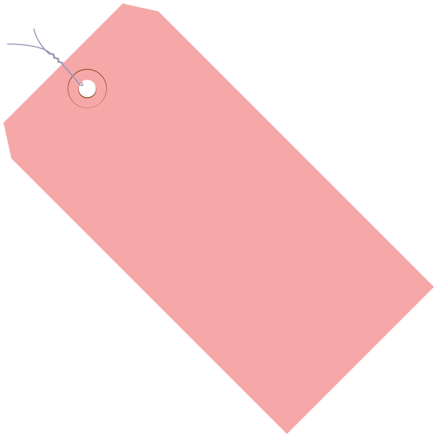 Professional-grade pink shipping tags manufactured from durable 13-point cardstock with tear-resistant eyelets and pre-attached 12", 26-gauge wire. Ideal for inventory coding, product identification, and shipment tracking. Sold by the case (1,000 tags).