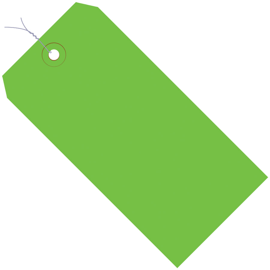 Durable pre-wired shipping tags in 13 point cardstock with reinforced eyelets for reliable item coding and inventory management. These 3 3/4" x 1 7/8" green tags come pre-wired with 12" 26-gauge wire for immediate use. Case of 1000 tags reduces procurement time and ensures consistent packaging compliance across your operations.