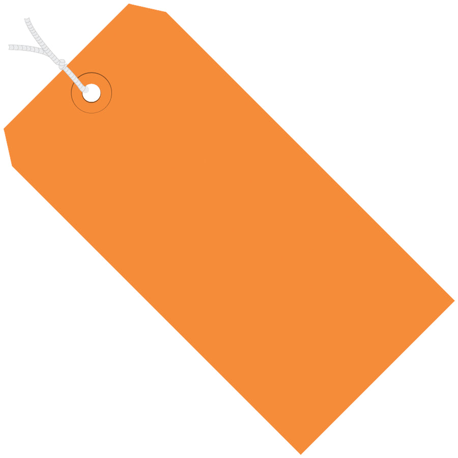 Pre-strung orange shipping tags built for high-volume distribution centers and warehouses. 13-point cardstock with reinforced 3/16" eyelets resists tearing during rough handling. 1000 tags per case with 12" cotton string attached–ready to use straight from the box.