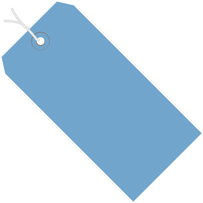 Heavy-duty 13 point cardstock shipping tags in dark blue, pre-strung with 12" cotton string for immediate use. Features reinforced, tear-resistant 3/16" eyelets that withstand rough handling in transit. Buy by the case (1000 tags) and reduce per-unit costs while staying shipping-compliant.